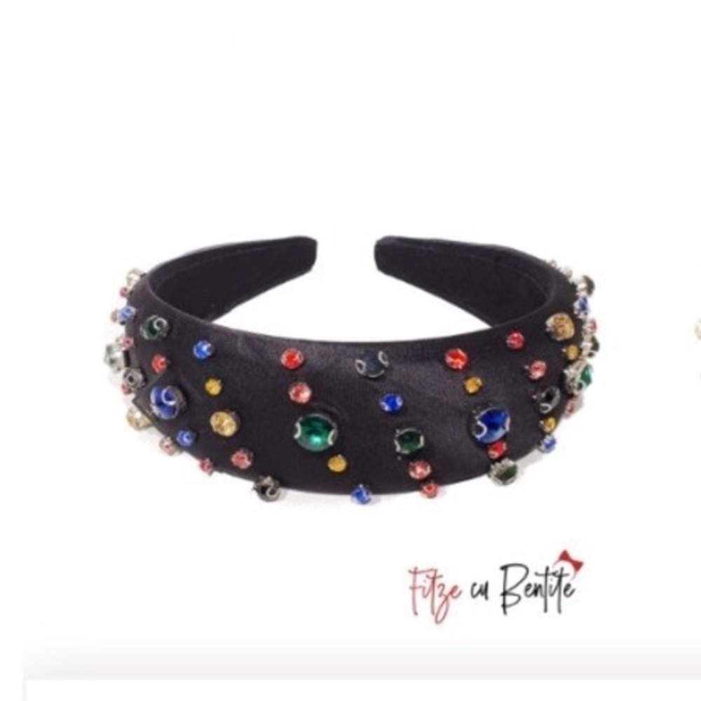 Fitze cu Bentite Black Satin Padded Headband Multicolor Rhinestone Jeweled Crown